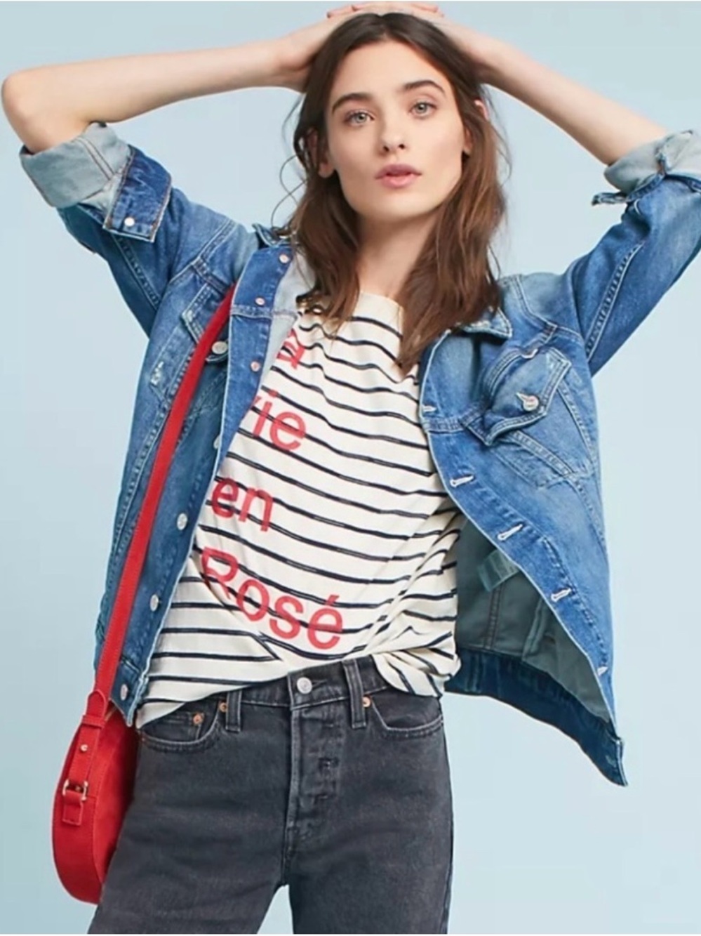 Sol Angeles Cream Navy Stripe 'Rosé' Short Sleeve Tee with Red Script
